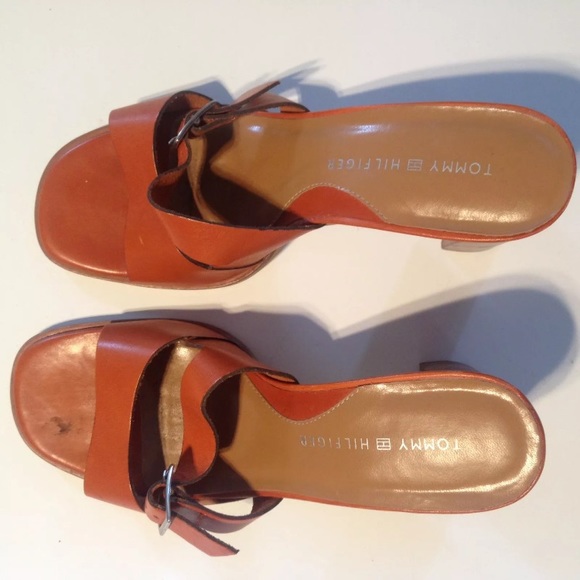 Tommy Hilfiger Orange Leather Slides Wooden Heels - Picture 3 of 8